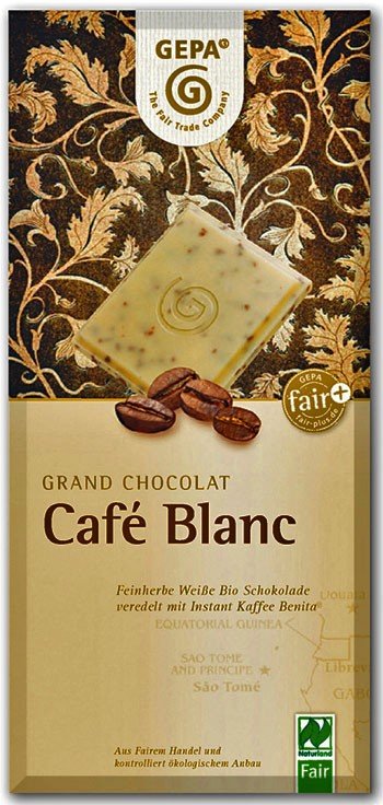 Tablette de chocolat blanc, aux grains de café et aromatisé à la vanille BIO - GEPA
